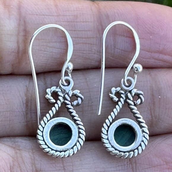 Malachite Cabochon Stone Dangle‎ Earrings Marked 925 Sterling Silver Hook Drop - Picture 3 of 5